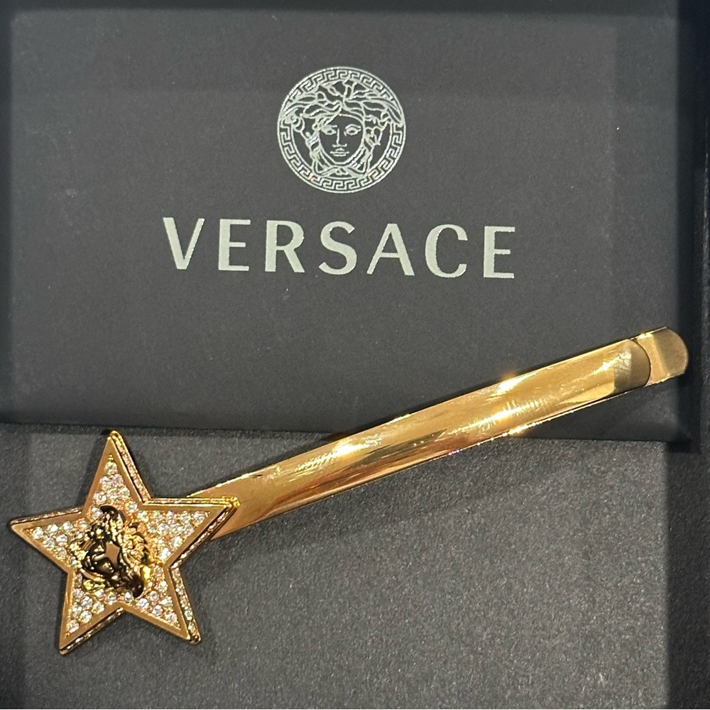 Authentic. Versace Medusa Gold Star Hair Clip with crystals. NEW with tags.